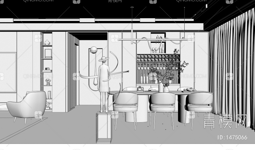 客餐厅 沙发茶几 餐桌椅 酒柜3D模型下载【ID:1475066】