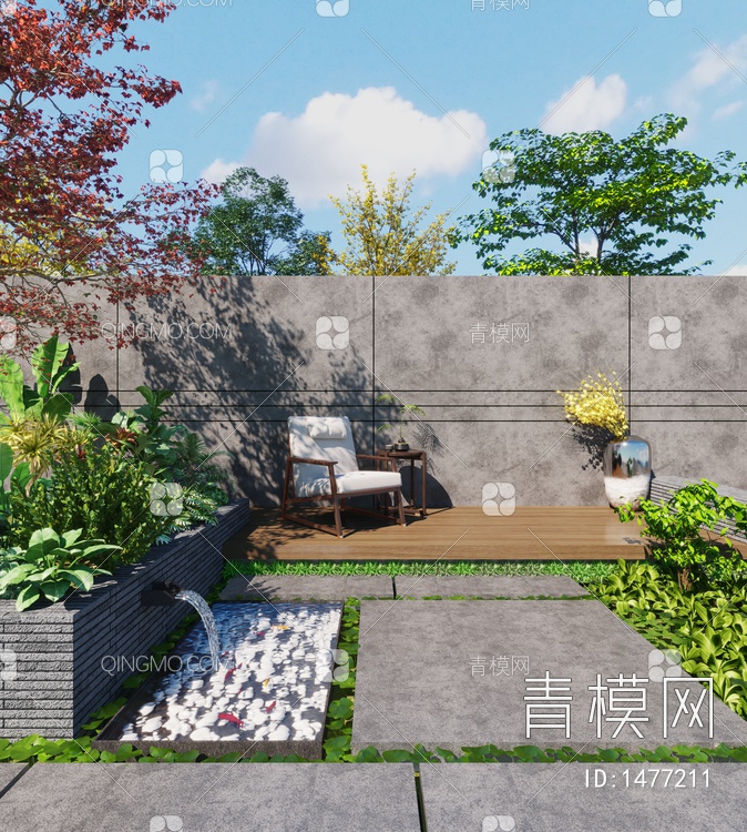 庭院，水景，植物，休闲桌椅，花瓶摆件3D模型下载【ID:1477211】