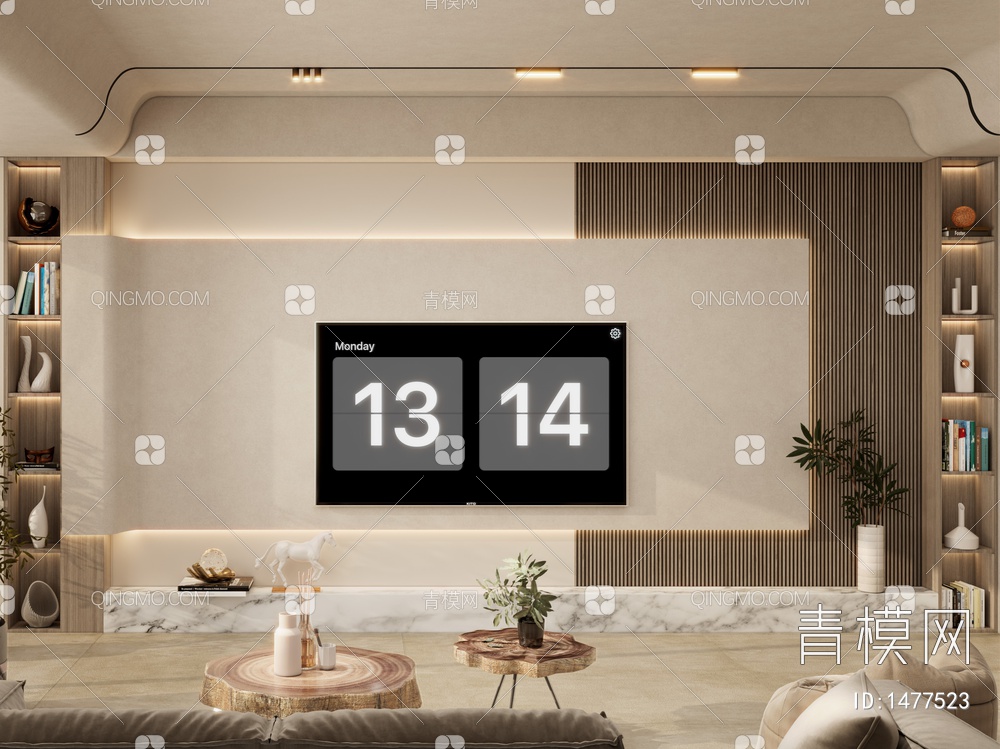 奶油色客厅造型电视墙3D模型下载【ID:1477523】