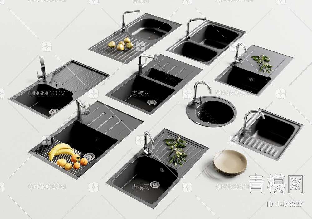 厨房嵌入式水槽 洗菜盆 不锈钢龙头SU模型下载【ID:1478327】