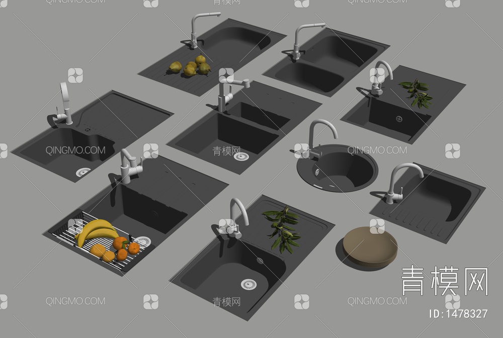 厨房嵌入式水槽 洗菜盆 不锈钢龙头SU模型下载【ID:1478327】