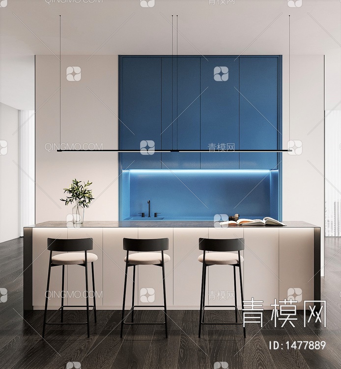 蓝色，水吧，茶水柜，吊灯，吧椅，办公，休闲区3D模型下载【ID:1477889】