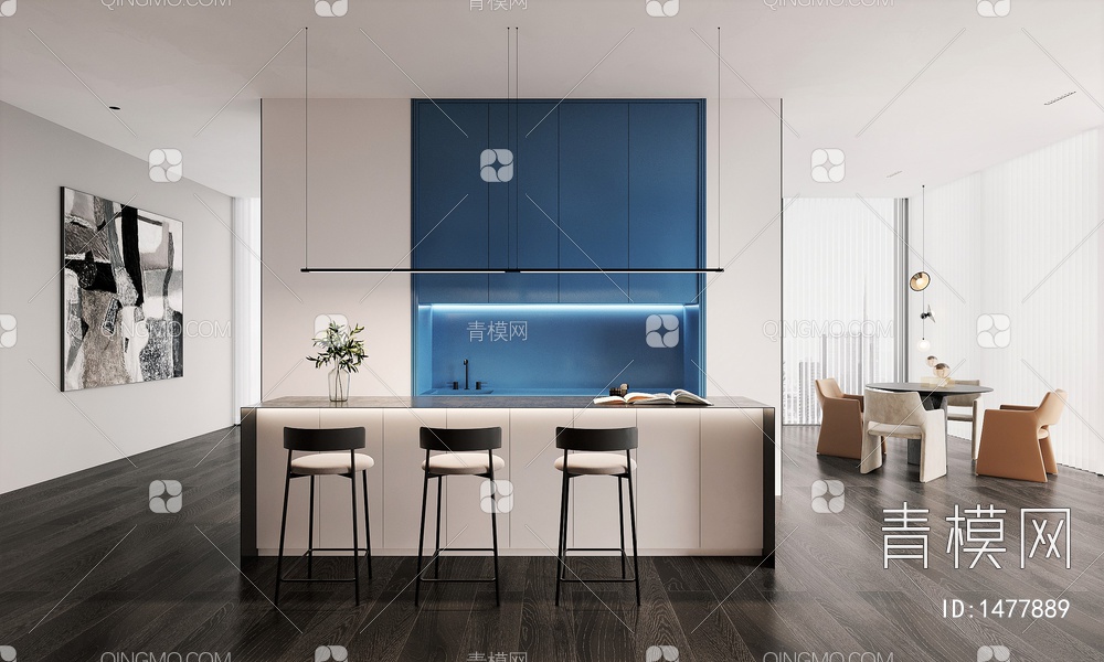 蓝色，水吧，茶水柜，吊灯，吧椅，办公，休闲区3D模型下载【ID:1477889】