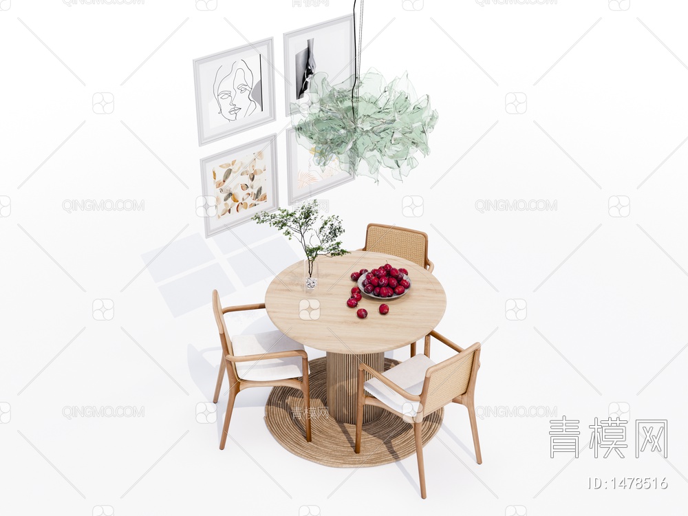 实木圆形餐桌椅SU模型下载【ID:1478516】