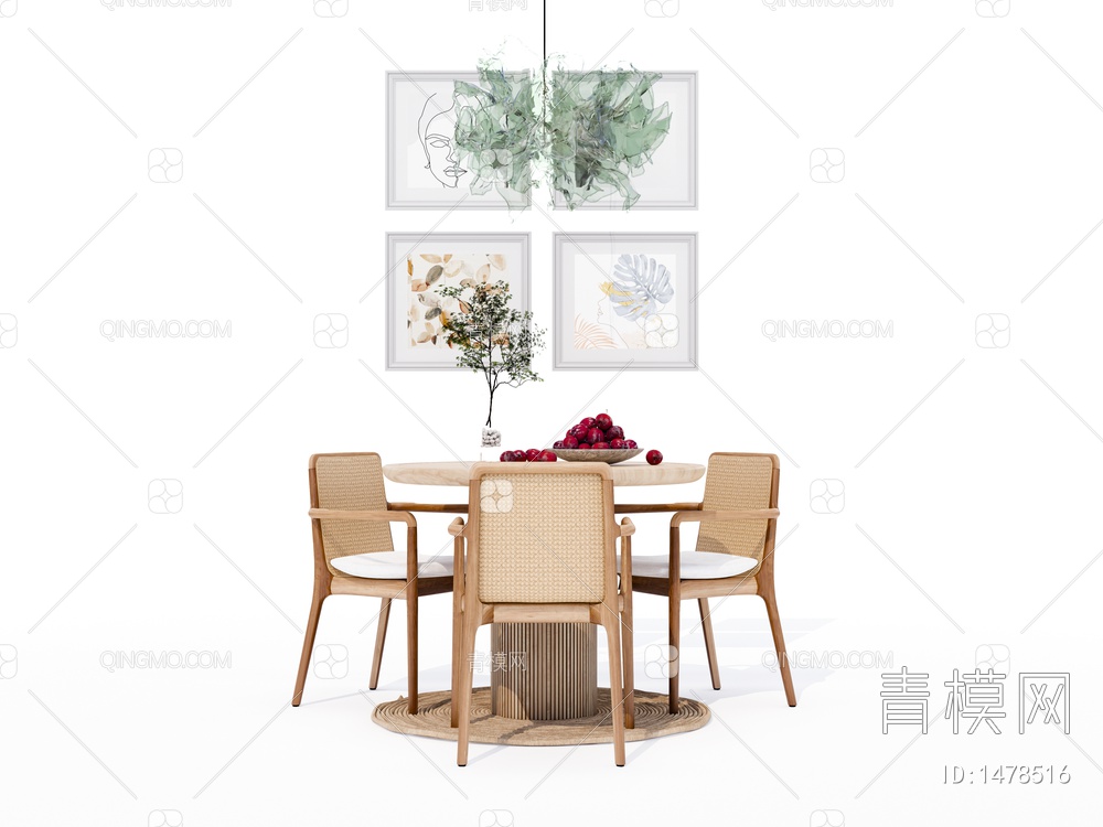 实木圆形餐桌椅SU模型下载【ID:1478516】