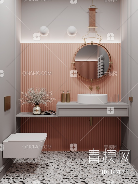 卫生间，浴室柜，马桶，浴室镜，花瓶花艺，壁灯3D模型下载【ID:1478711】