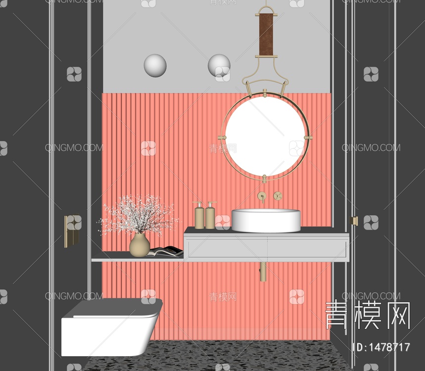 卫生间，浴室柜，马桶，浴室镜，花瓶花艺，壁灯SU模型下载【ID:1478717】