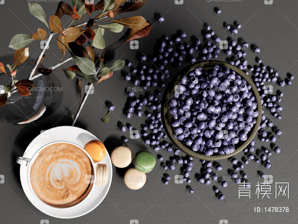 水果 蓝莓果盘 咖啡 花瓶摆件SU模型下载【ID:1478378】