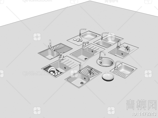 厨房嵌入式水槽 洗菜盆 不锈钢龙头3D模型下载【ID:1478243】