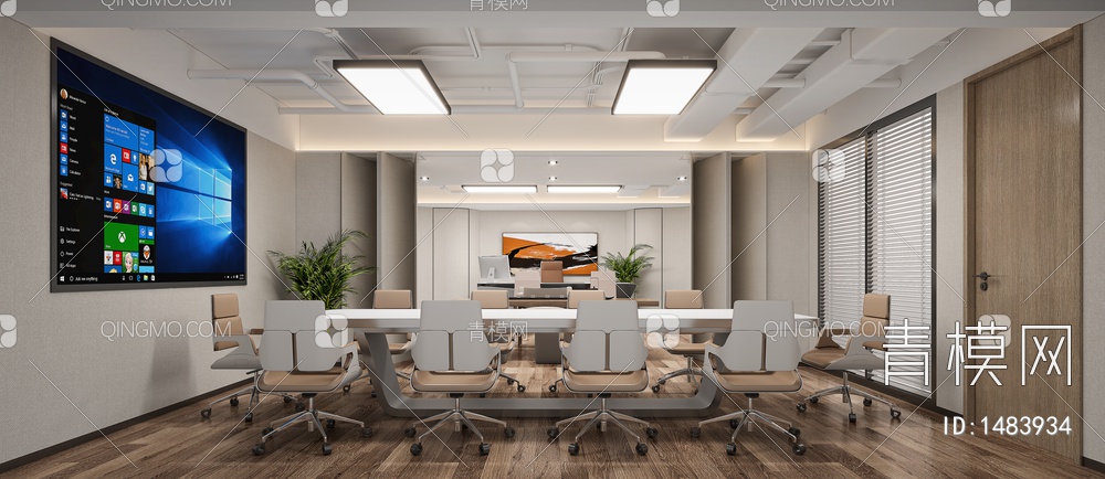 经理办公室，大班台，办公椅，会议桌椅，挂画3D模型下载【ID:1483934】