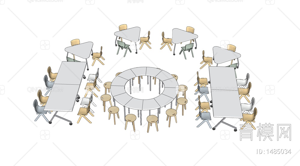 儿童桌椅 儿童学习桌椅  儿童课桌椅 幼儿园桌椅SU模型下载【ID:1485034】