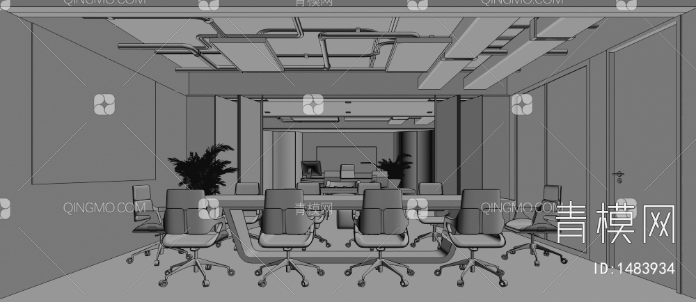 经理办公室，大班台，办公椅，会议桌椅，挂画3D模型下载【ID:1483934】