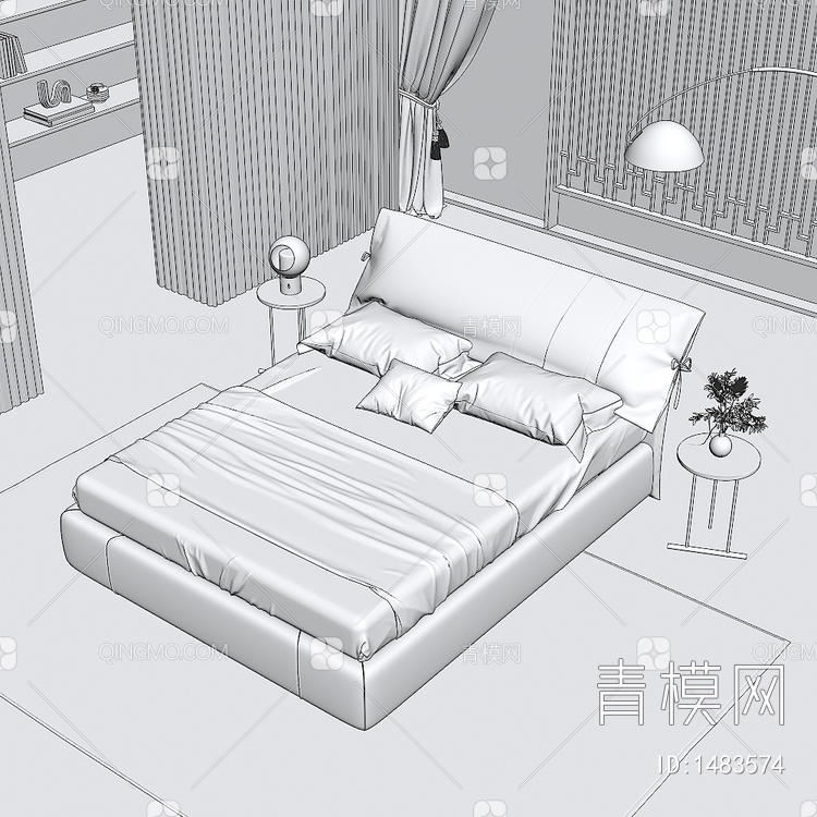 双人床 床品 床头柜 饰品 摆件3D模型下载【ID:1483574】