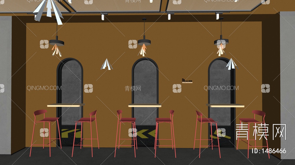 吧台桌椅 打卡墙 奶茶店背景墙SU模型下载【ID:1486466】