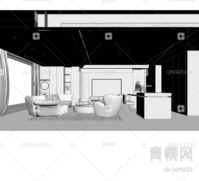 客餐厅 厨房 书房3D模型下载【ID:1475633】