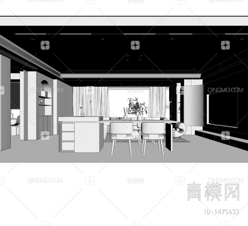 客餐厅 厨房 书房3D模型下载【ID:1475633】