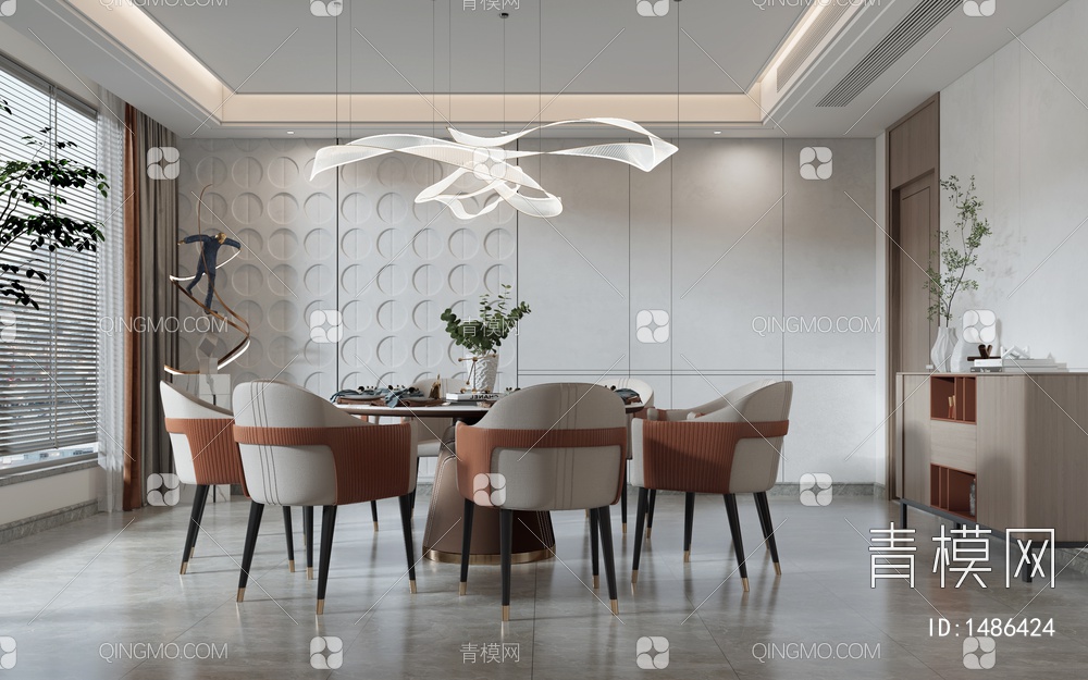 餐厅包厢 圆形餐桌椅 餐边柜 玻璃吊灯3D模型下载【ID:1486424】