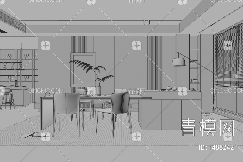餐厅 餐桌椅 餐厅 画 落地灯 电视墙 餐厅 奶油风餐厅 楼梯 电视墙 电视柜3D模型下载【ID:1488242】