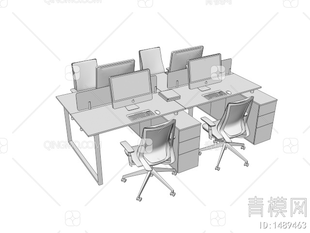 员工办公桌椅 多人办公桌 电脑桌3D模型下载【ID:1489463】