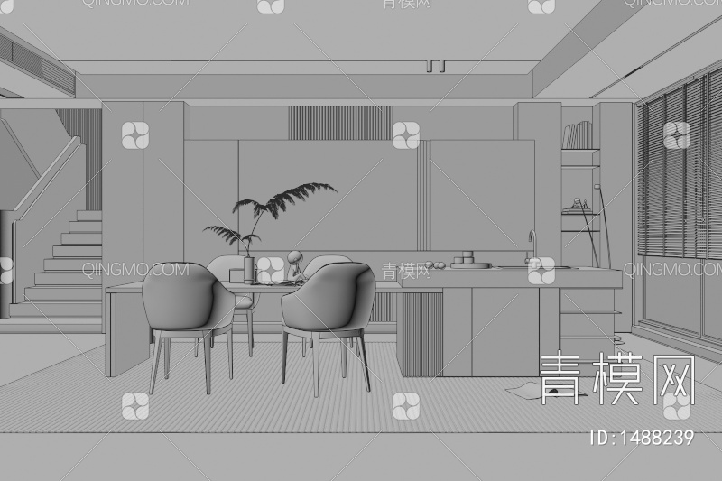 餐厅 餐桌椅 餐厅 画 落地灯 电视墙 餐厅 奶油风餐厅 楼梯 电视墙 电视柜3D模型下载【ID:1488239】