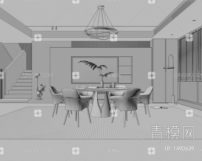 餐厅 餐桌椅 餐厅 画 落地灯 电视墙 餐厅 奶油风餐厅 楼梯 电视墙 电视柜3D模型下载【ID:1490639】