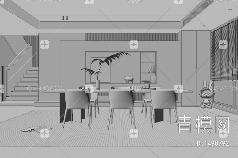 餐厅 餐桌椅 餐厅 画 落地灯 电视墙 餐厅 奶油风餐厅 楼梯 电视墙 电视柜3D模型下载【ID:1490792】