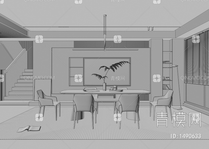餐厅 餐桌椅 餐厅 画 落地灯 电视墙 餐厅 奶油风餐厅 楼梯 电视墙 电视柜3D模型下载【ID:1490633】