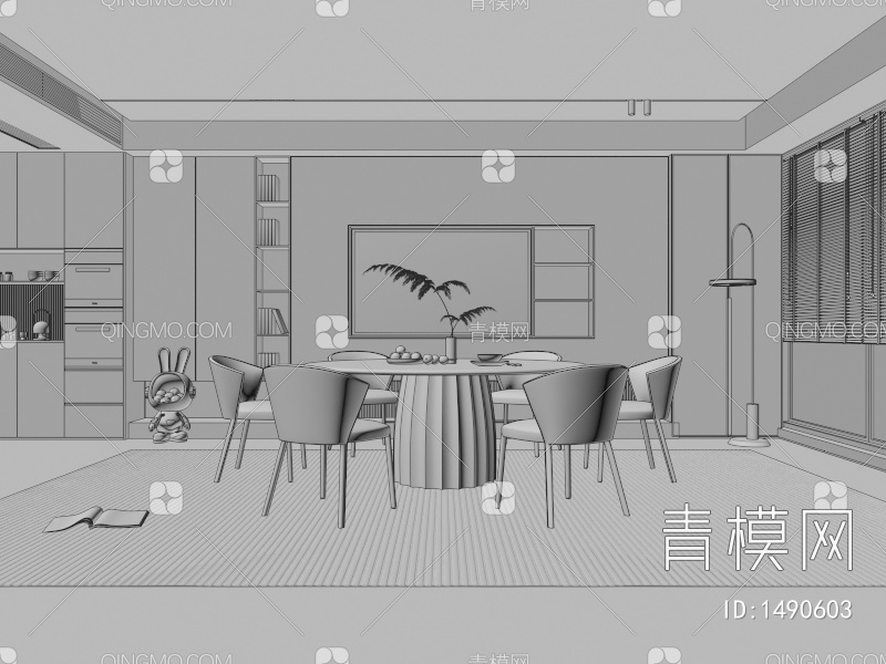 餐厅 餐桌椅 餐厅 画 落地灯 电视墙 餐厅 奶油风餐厅 楼梯 电视墙 电视柜3D模型下载【ID:1490603】