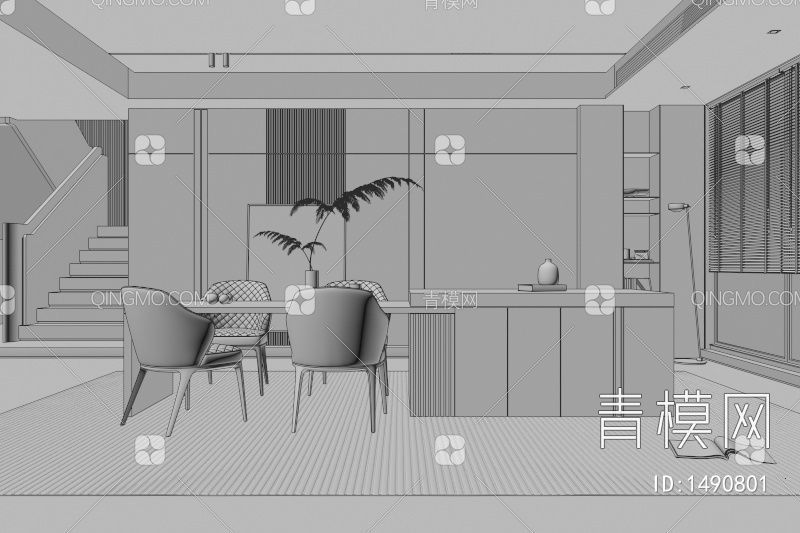 餐厅 餐桌椅 餐厅 画 落地灯 电视墙 餐厅 奶油风餐厅 楼梯 电视墙 电视柜3D模型下载【ID:1490801】