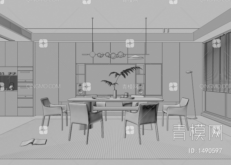 餐厅 餐桌椅 餐厅 画 落地灯 电视墙 餐厅 奶油风餐厅 楼梯 电视墙 电视柜3D模型下载【ID:1490597】
