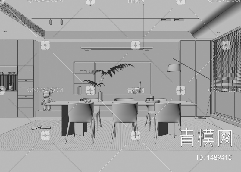 餐厅 餐桌椅 餐厅 画 落地灯 电视墙 餐厅 奶油风餐厅 楼梯 电视墙 电视柜3D模型下载【ID:1489415】