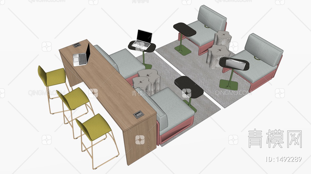 办公桌椅 吧台桌椅 休闲沙发 休息区 头脑风暴区SU模型下载【ID:1492289】
