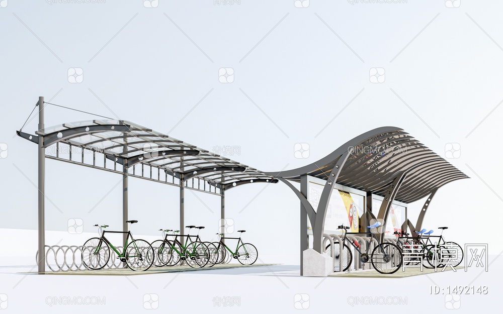 非机动车棚 自行车棚 停车场 雨棚 钢结构雨棚 玻璃雨棚 遮阳棚SU模型下载【ID:1492148】