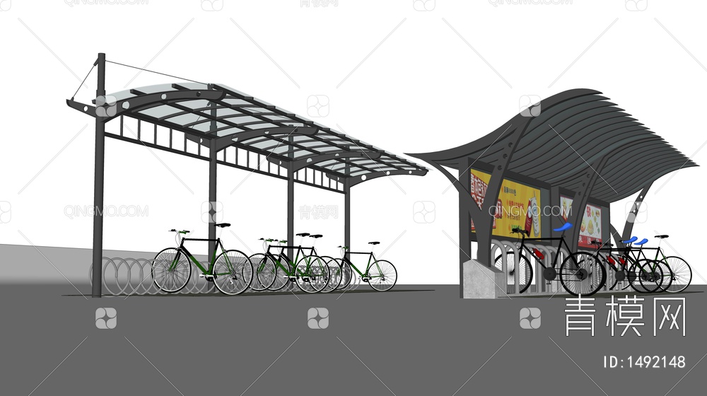 非机动车棚 自行车棚 停车场 雨棚 钢结构雨棚 玻璃雨棚 遮阳棚SU模型下载【ID:1492148】