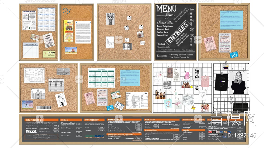 软木板 留言板 挂饰挂件 网格墙 小黑板SU模型下载【ID:1492145】