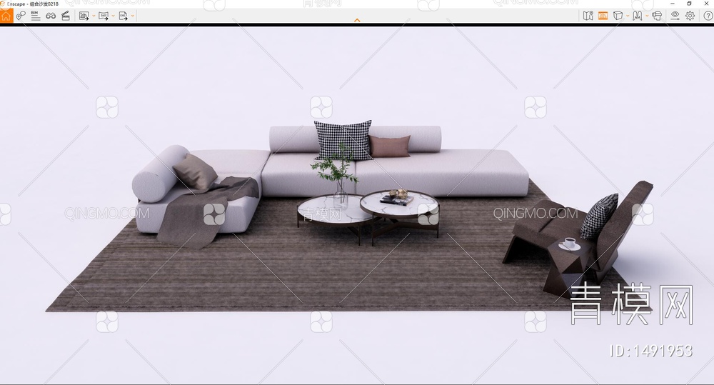 沙发组合 单人沙发 条纹地毯 茶几 布艺沙发 多人沙发 转角沙发SU模型下载【ID:1491953】