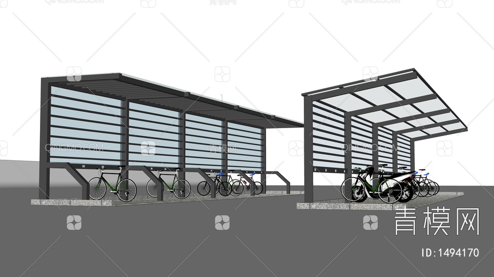 非机动车棚 自行车棚 停车场 雨棚 钢结构雨棚 玻璃雨棚 遮阳棚SU模型下载【ID:1494170】