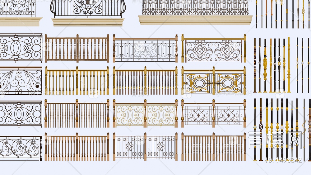 铁艺栏杆 护栏 栏杆 扶手 阳台护栏 宝瓶柱子 铁艺立柱 楼梯扶手 围栏SU模型下载【ID:1493342】