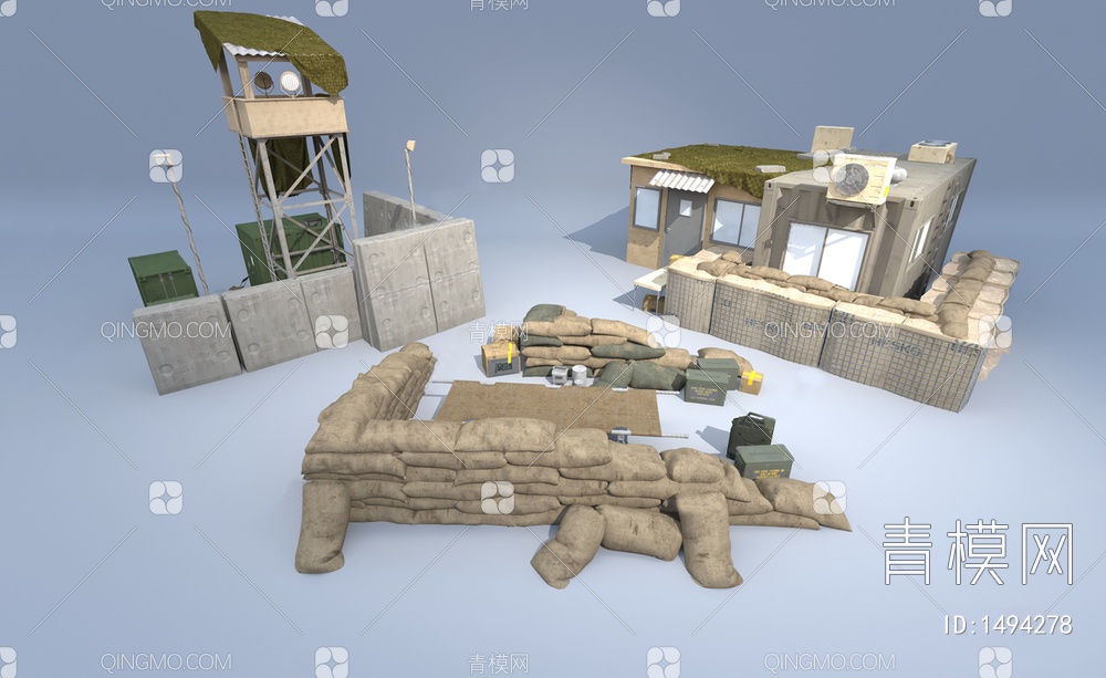 军事器材 哨所 防御墙3D模型下载【ID:1494278】