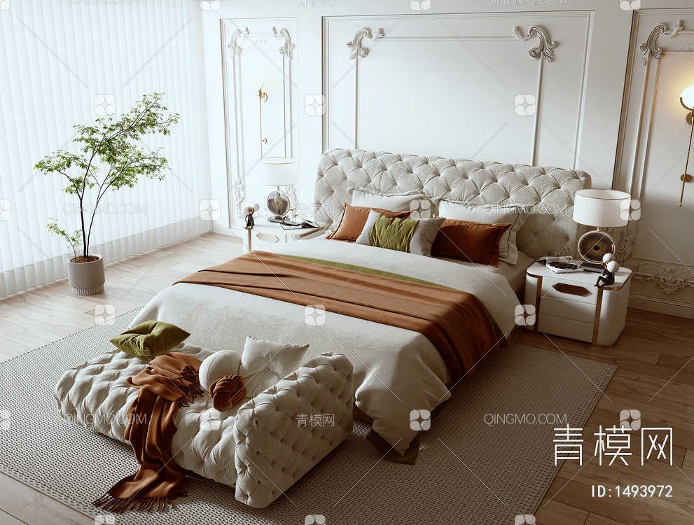 双人床 床尾凳 床头柜 床头背景墙 绿植3D模型下载【ID:1493972】