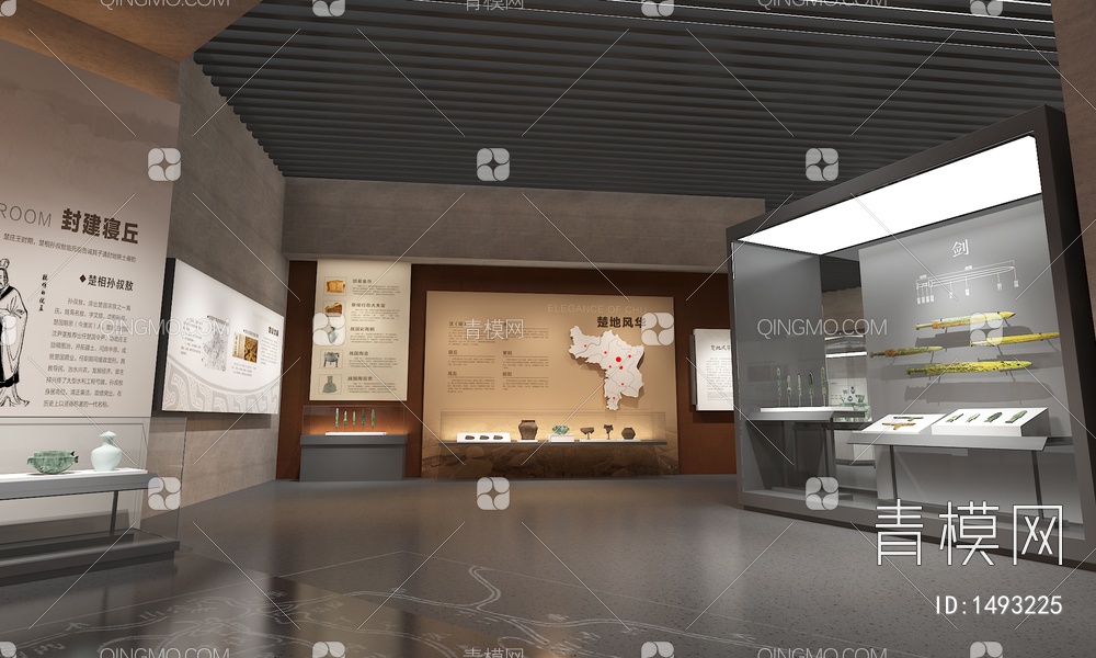 历史博物馆 玻璃展示柜 石器瓷器 浮雕墙 鼎3D模型下载【ID:1493225】