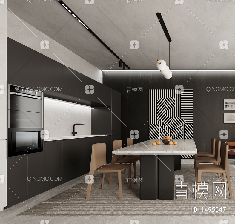 开放式厨房，餐桌椅3D模型下载【ID:1495547】