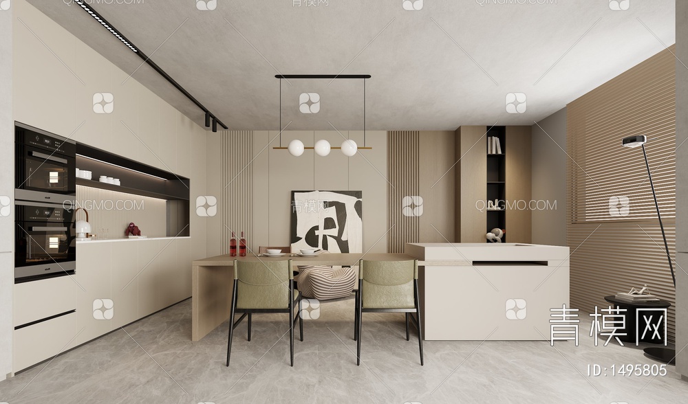开放式厨房，餐桌椅3D模型下载【ID:1495805】