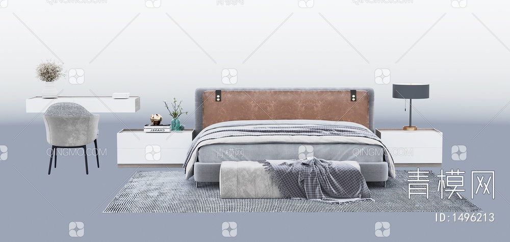 双人床 床头柜组合3D模型下载【ID:1496213】