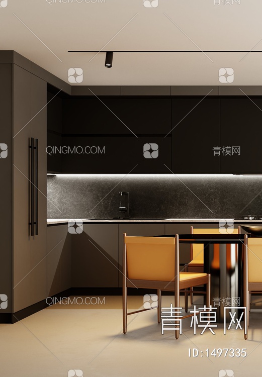 开放式厨房，餐桌椅3D模型下载【ID:1497335】
