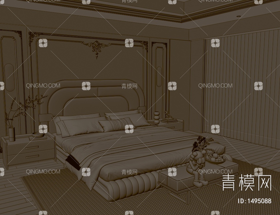 双人床 床尾凳 床头背景3D模型下载【ID:1495088】