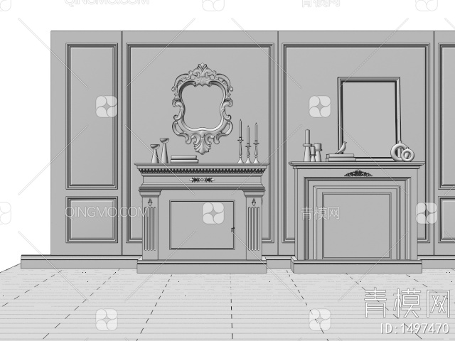 雕花壁炉 装饰镜 书籍摆件 护墙板3D模型下载【ID:1497470】