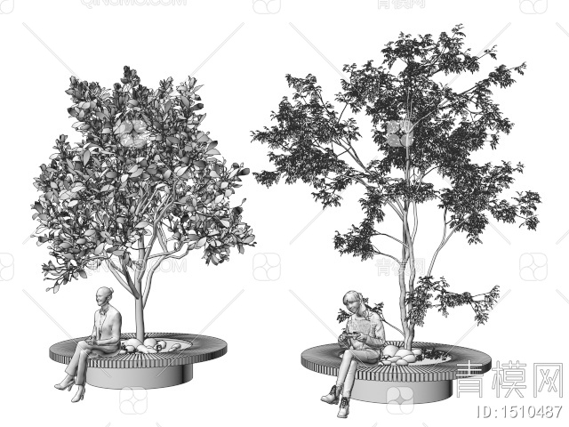 树池 景观树 景观座椅 行道树 树池座凳3D模型下载【ID:1510487】