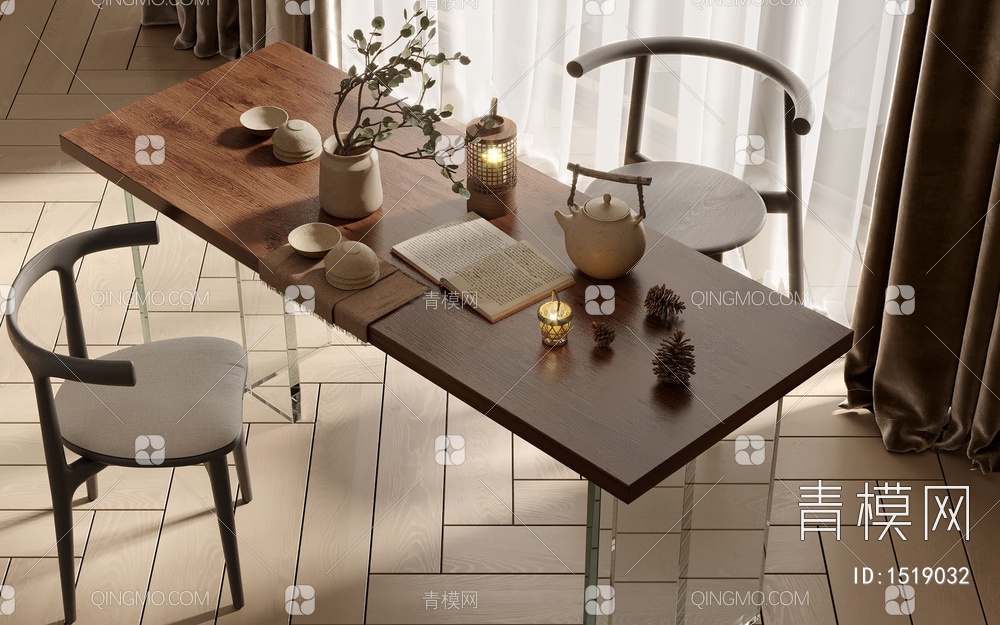 茶桌椅组合_木地板_窗帘3D模型下载【ID:1519032】