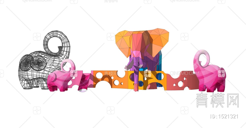 大象主题儿童景墙滑梯游乐设施SU模型下载【ID:1521321】